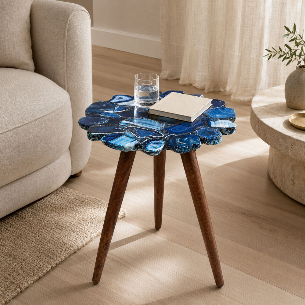 Tom Round Blue Agate and Acacia Wood Accent Side Table