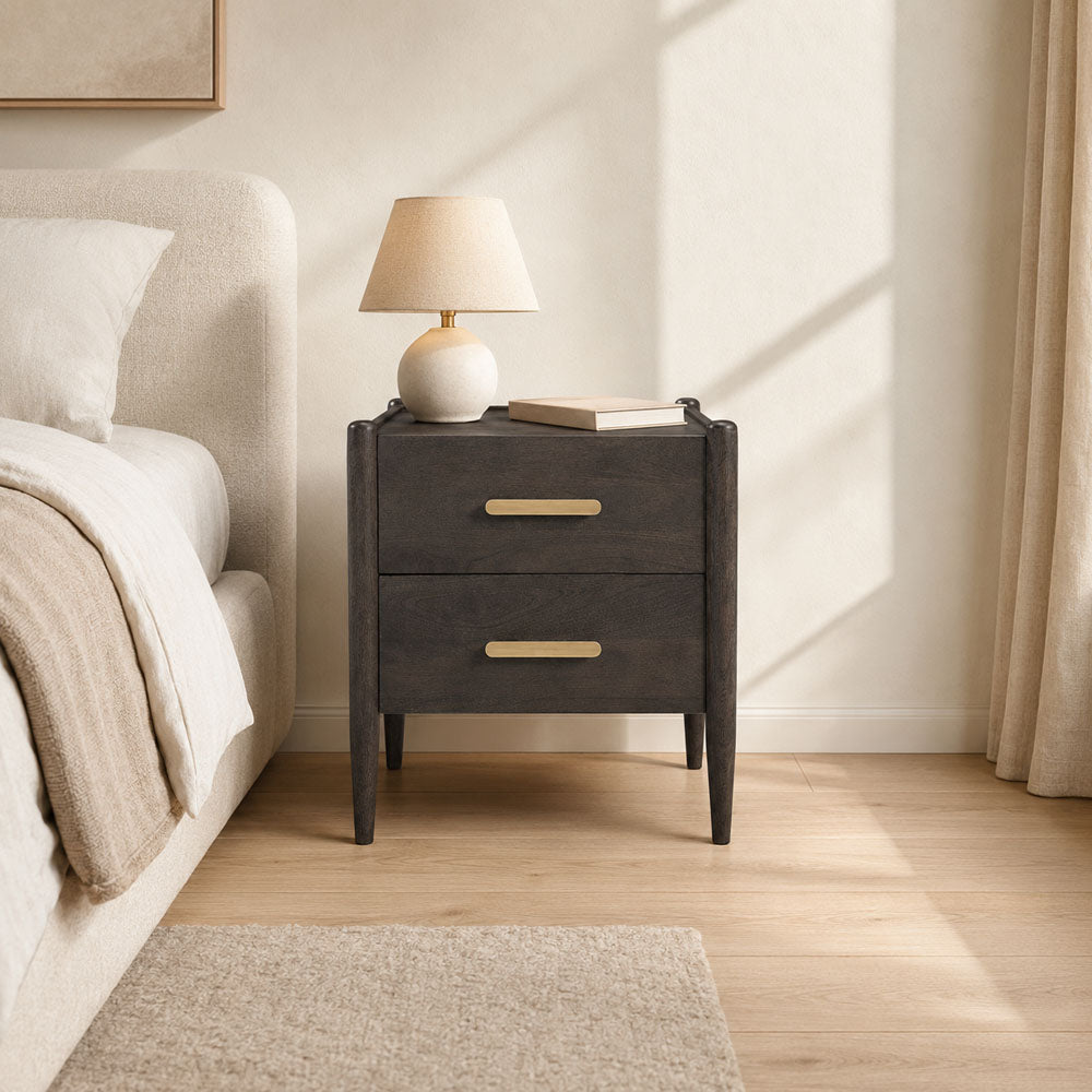 Molly Solid Mango Wood Bedside Table with Walnut Finish and Drawers