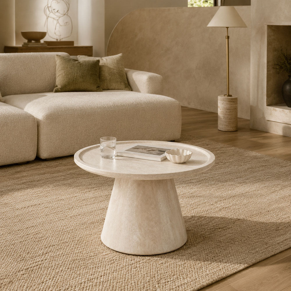 Strider Solid Wood Round Pedestal Coffee Table - Cream Sandblasted Finish