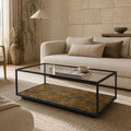 Luna Iron Coffee Table with Tempered Glass Top and Storage Shelf