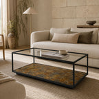 Luna Iron Coffee Table with Tempered Glass Top and Storage Shelf
