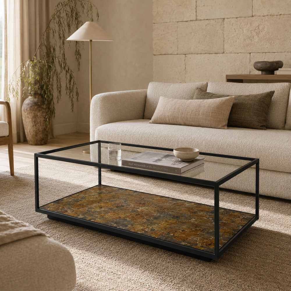 Luna Iron Coffee Table with Tempered Glass Top and Storage Shelf