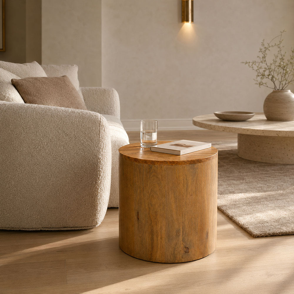 Tracey Acacia Wood Side Table - Honey Rustic Finish Curved End Table
