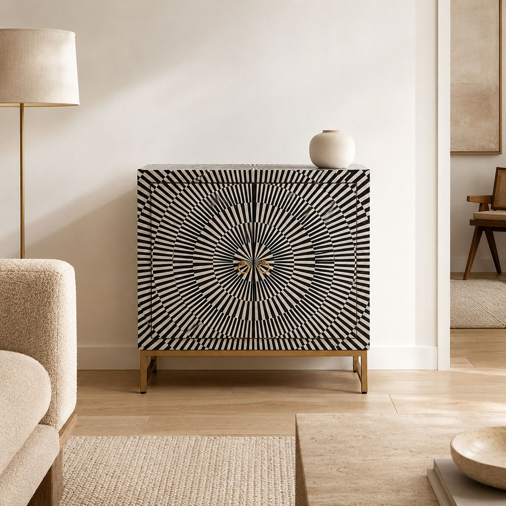 Onyx Geometric Bone Inlay Two Door Cabinet with Gold Iron Legs