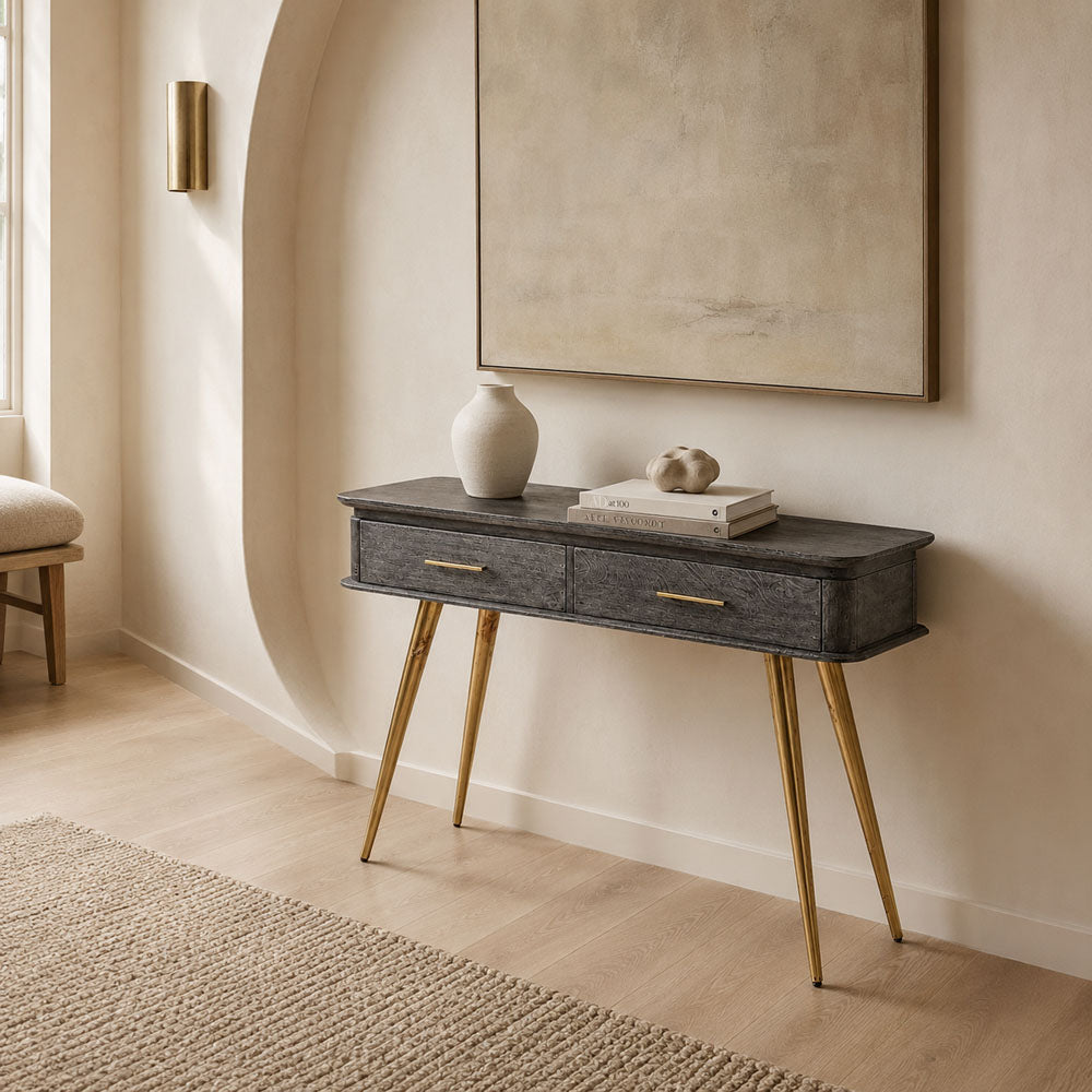 Casey Grey Mango Wood Console Table with Gold Iron Legs - 2 Drawer Entryway Sofa Table