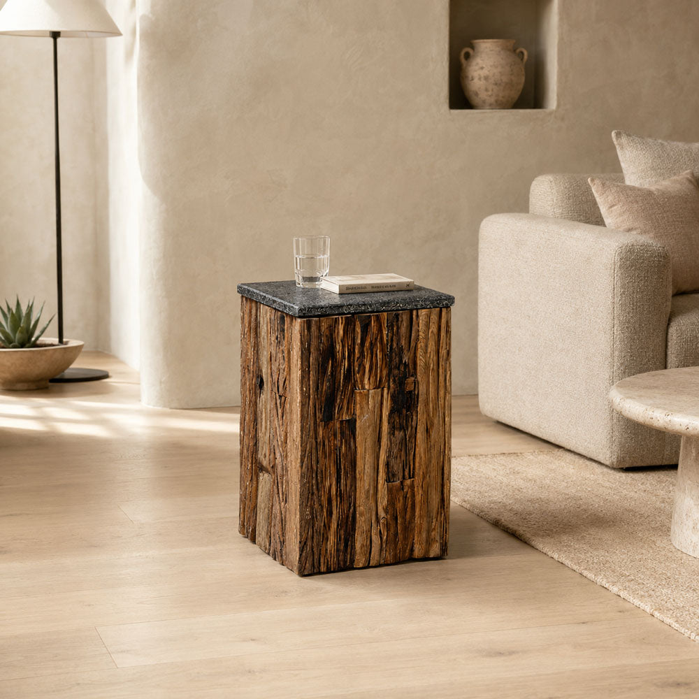 Stag Reclaimed Wood and Granite Side Table - Rustic Accent End Table