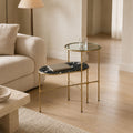 Thiago Two-Tier Marble and Tempered Glass Side Table with Antique Brass Frame