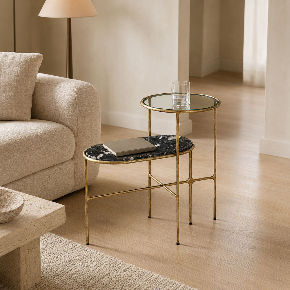 Thiago Two-Tier Marble and Tempered Glass Side Table with Antique Brass Frame