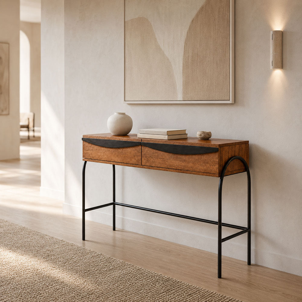 Dalton Mango Wood Console Table with 2 Drawers & Metal Legs - American Walnut Finish