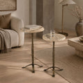 Elias Travertine Marble and Iron Nesting Side Tables (Set of 2) - High-Low Accent Tables with Antique Brass Finished Legs