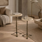 Elias Travertine Marble and Iron Nesting Side Tables (Set of 2) - High-Low Accent Tables with Antique Brass Finished Legs