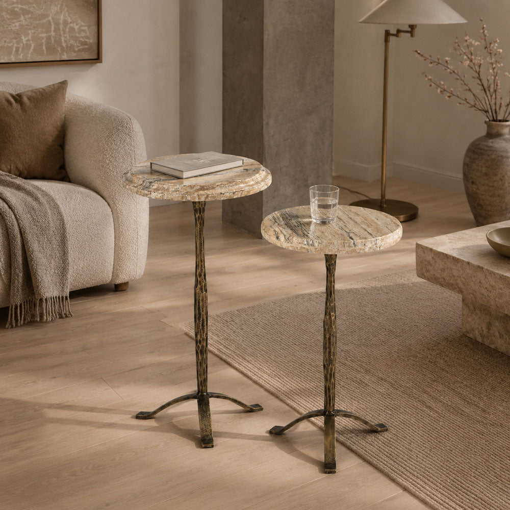 Elias Travertine Marble and Iron Nesting Side Tables (Set of 2) - High-Low Accent Tables with Antique Brass Finished Legs