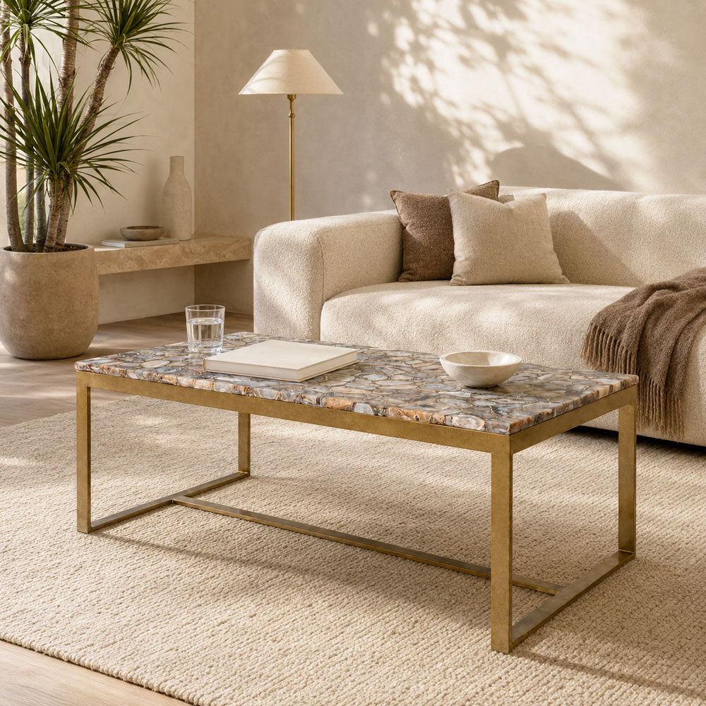 Blair Agate Coffee Table with Golden Iron Frame for Glam Living Rooms