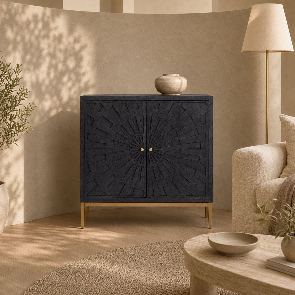 Brio Carved Mango Wood and Metal Two Door Storage Cabinet - Sand-Blasted Black