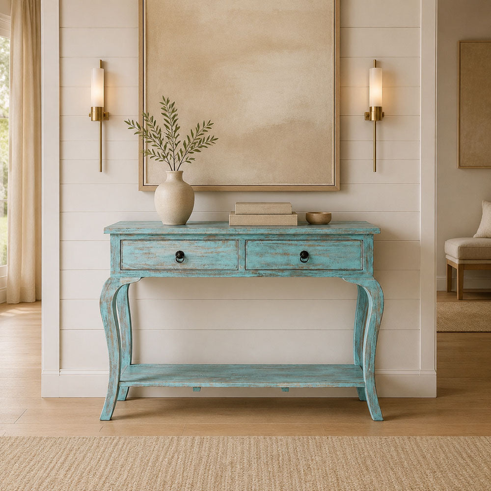 Timber Mango Wood 2-Drawer Console Table with Shelf | Blue Wash
