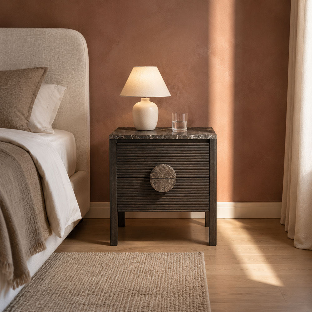 Sylvan Acacia Wood Bedside Table with Emperador Marble Top - Walnut Finish