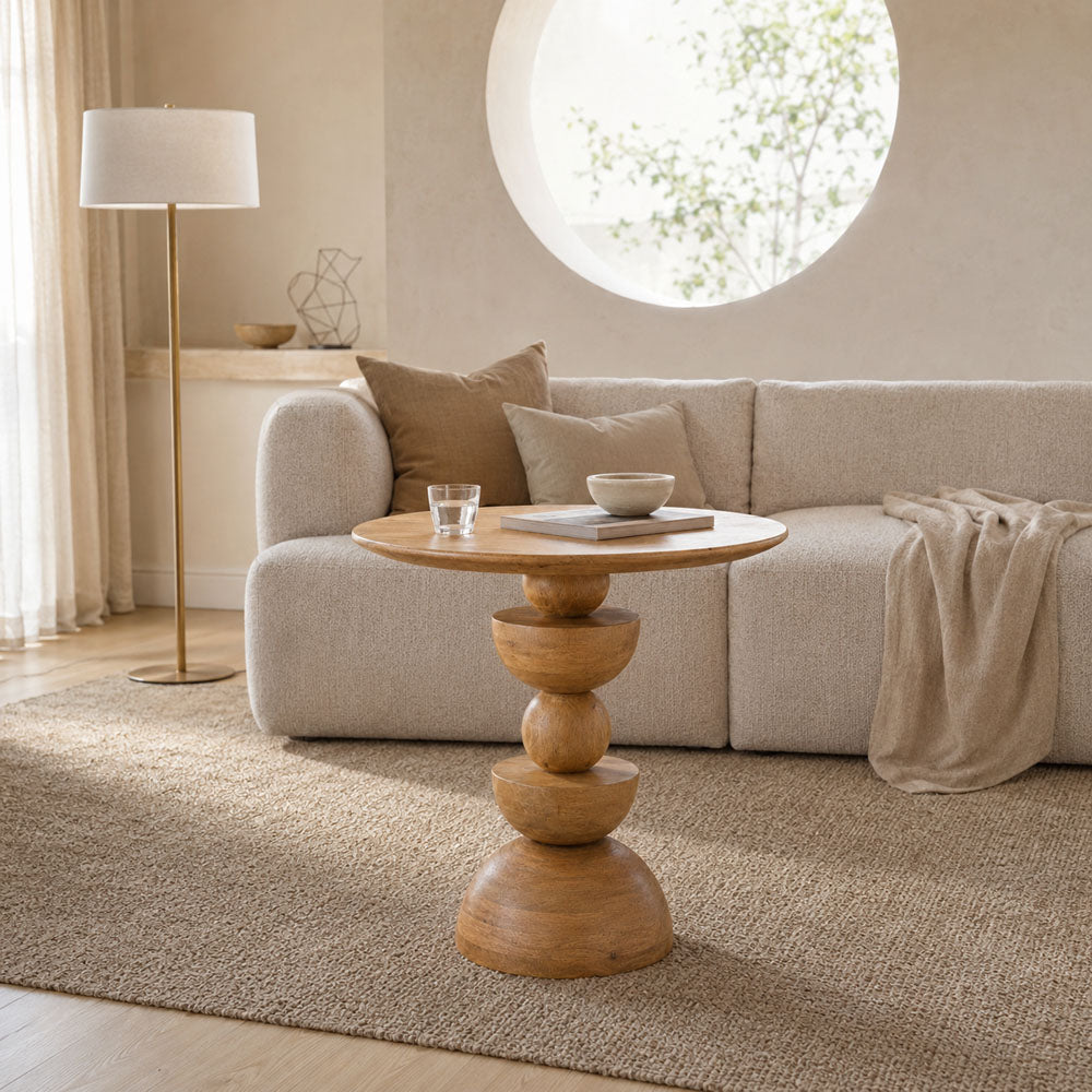 Elena Sculptural Mango Wood Round Coffee Table with Stacked Sphere Base