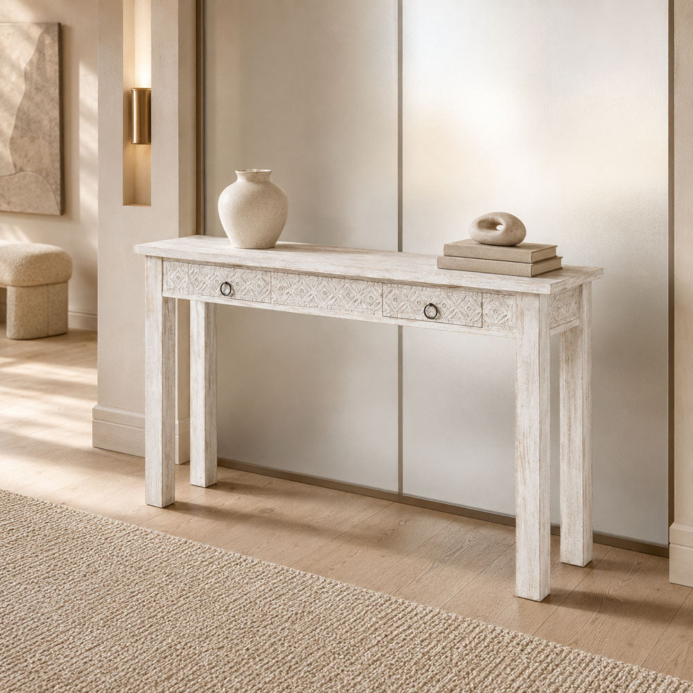 Elina Hand-Carved Mango Wood Two-Drawer Console Table in Whitewashed Finish