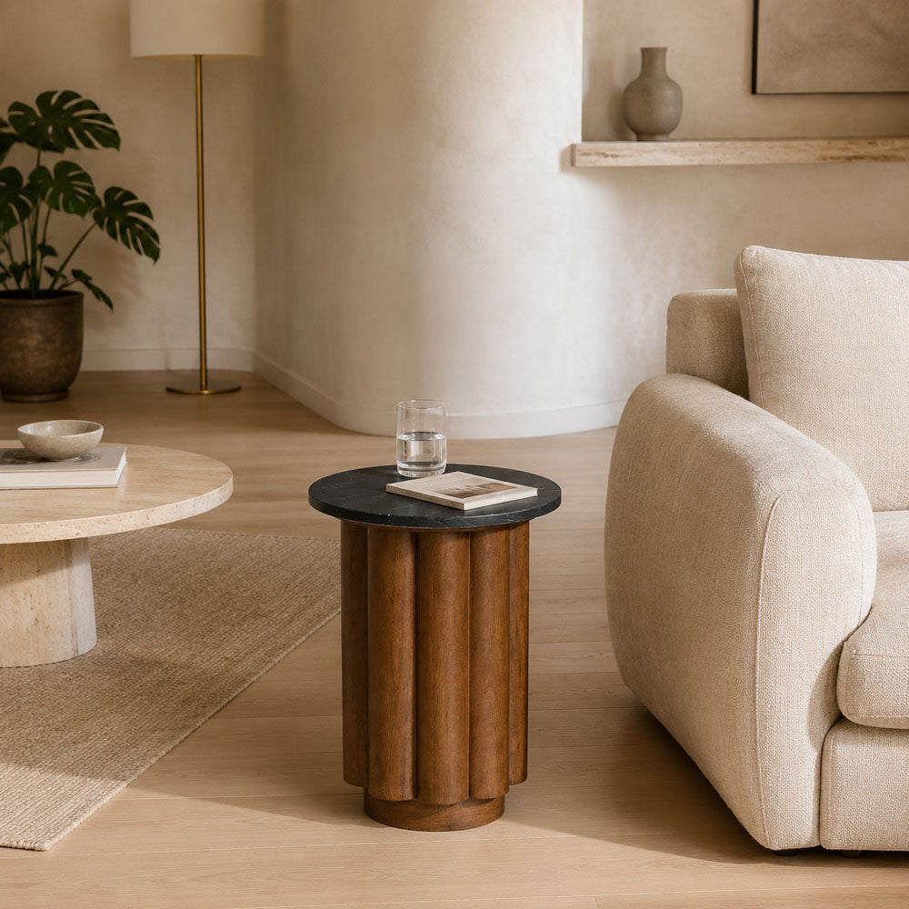 Dean Mango Wood and Black Marble Side Table in Honey Finish