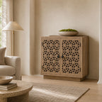 Nyla Mango Wood Two Door Cabinet with Floral Cut-Work - Natural Finish