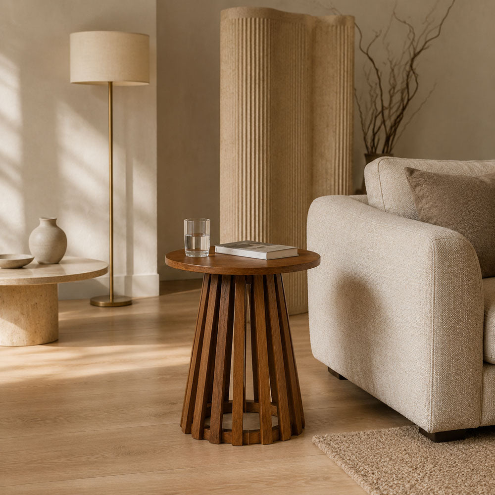 Flavia Mango Wood Side Table - Scandinavian Slatted Brown End Table