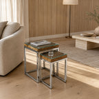 Suki Reclaimed Wood Nesting Side Tables with Glass Top and Stainless Steel Frame