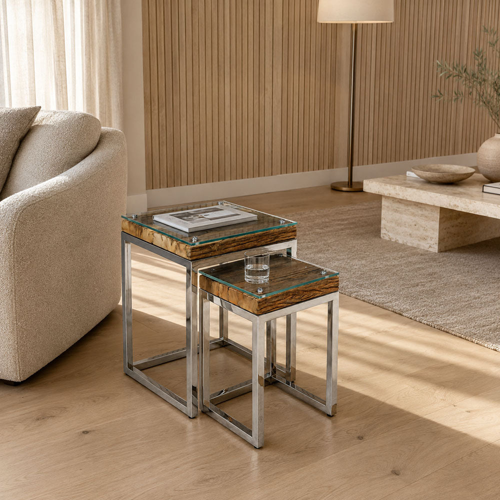 Suki Reclaimed Wood Nesting Side Tables with Glass Top and Stainless Steel Frame