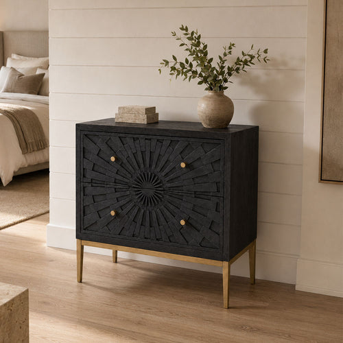 Alora Mango Wood Two Drawer Wooden Chest with Brass-Clad Panels and Metal Legs