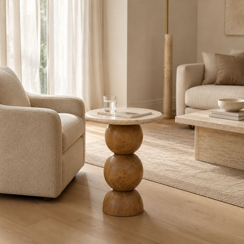 David Travertine Top and Acacia Wood Side Table