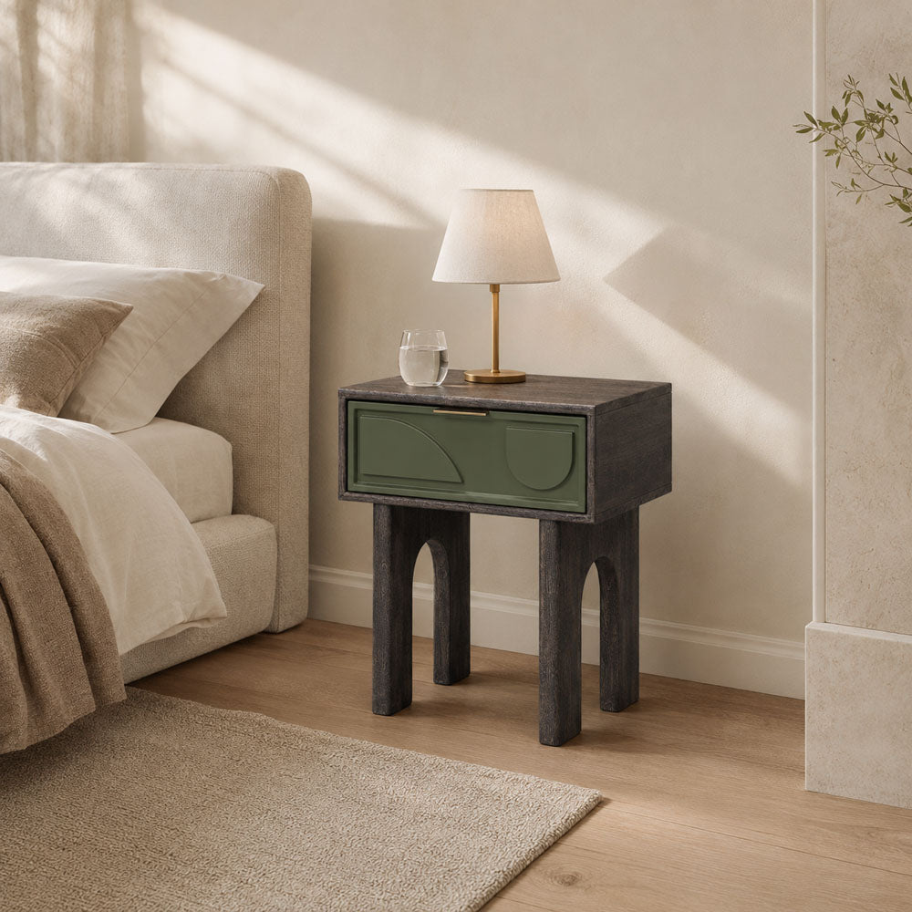 Moss Mango Wood One Drawer Bedside Table Nightstand with Walnut Finish