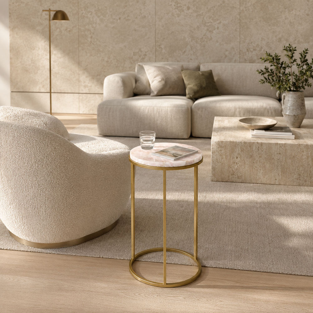 Rosara Luxury Agate and Gold Metal Side Table - Natural Rose Quartz End Table