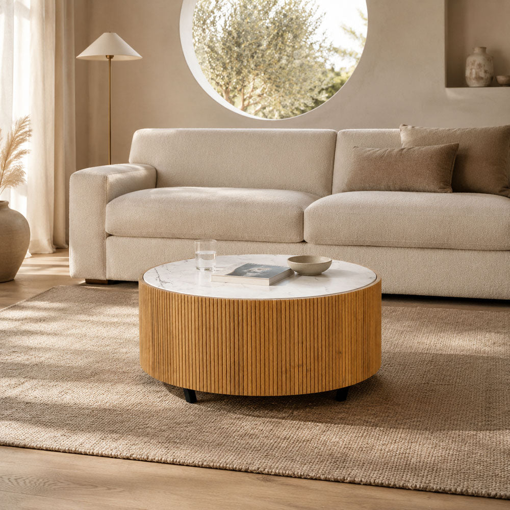Leah Round Mango Wood Coffee Table with Honey Marble Top