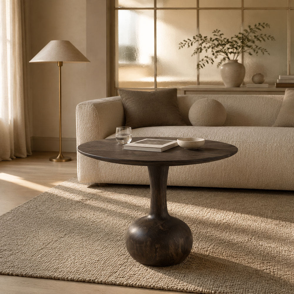 Bramble Solid Mango Wood Curved Pedestal Coffee Table - Walnut Finish