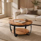 Verna Natural Mango Wood Drum Coffee Table with Storage Shelf