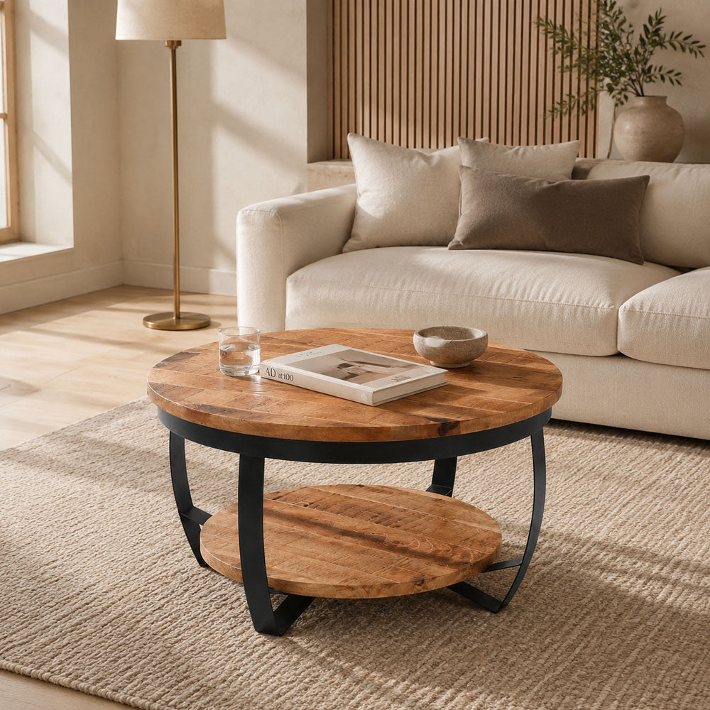 Verna Natural Mango Wood Drum Coffee Table with Storage Shelf