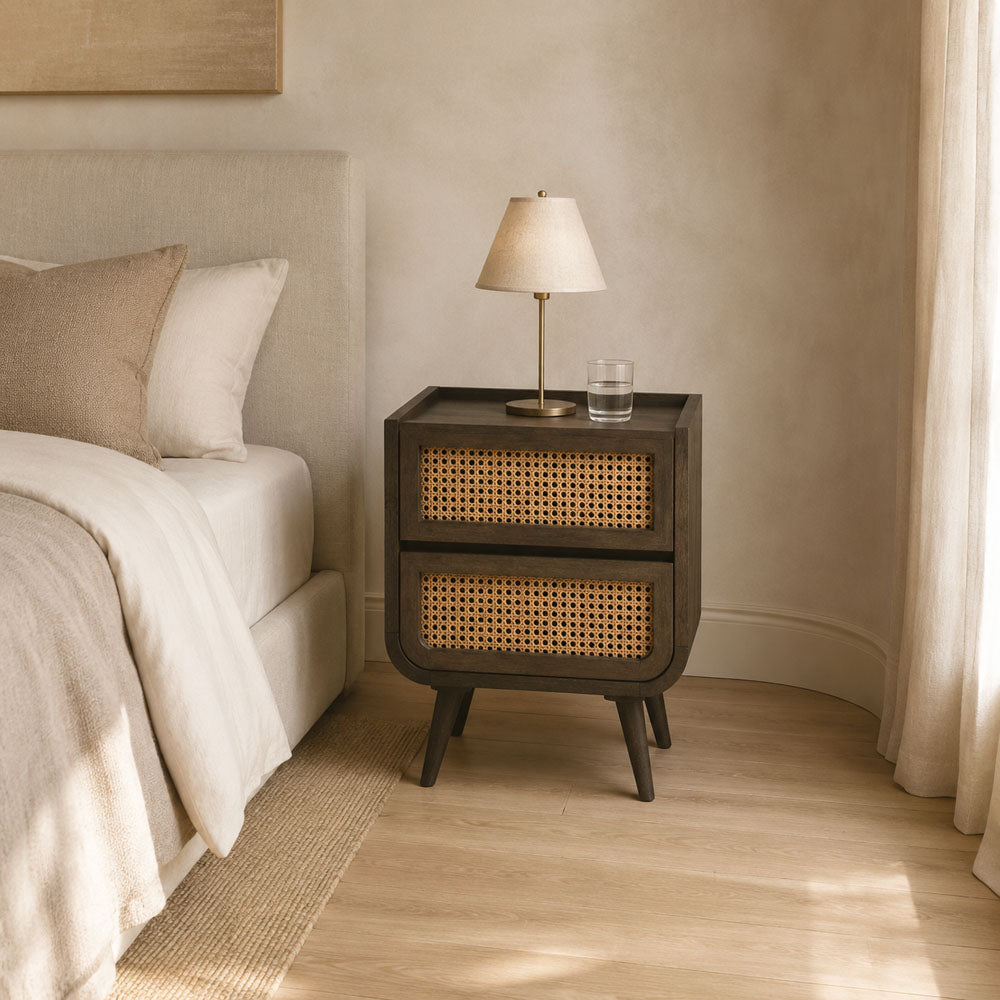 Jace Mango Wood 2-Drawer Bedside Table with Stone Veneer - Walnut Finish