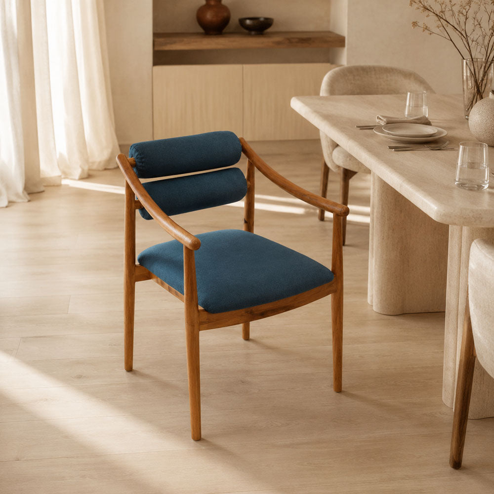 Linden Upholstered Dining Chair - Light Blue Light-Teak Finished Acacia Wood