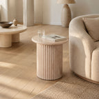 Comfort Travertine Side Table - Handcrafted Fluted Round Accent Table