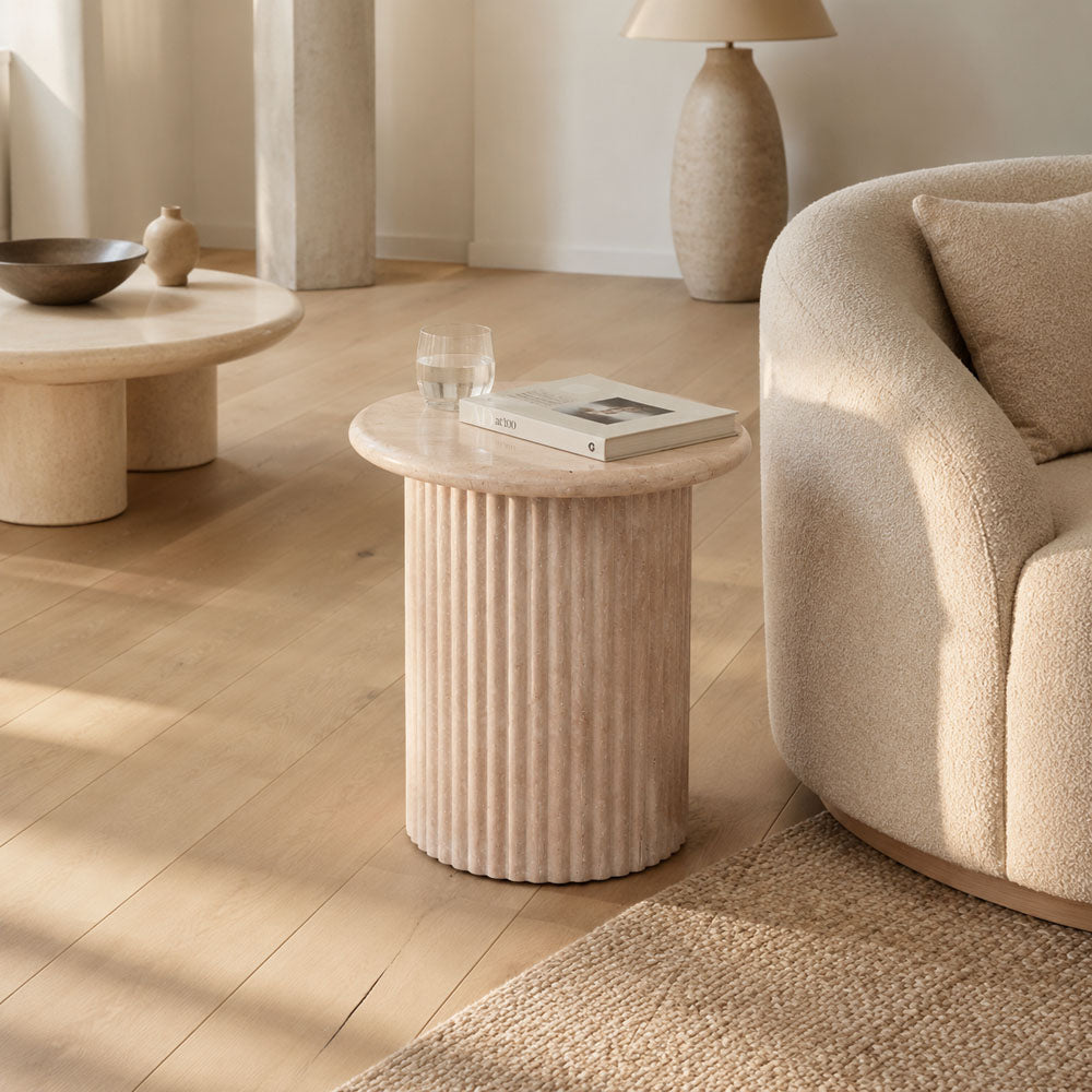 Comfort Travertine Side Table - Handcrafted Fluted Round Accent Table