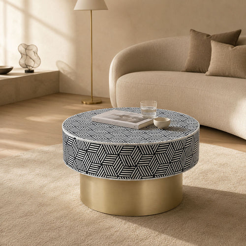Amari Handcrafted Bone Inlay Coffee Table with Gold Metal Base - Striped Black & White Modern Center Table